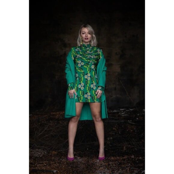 ZARA W/B Drape Ruched Mock Neck Midi Dress Sz S Green Floral 70s Retro Portugal - Picture 5 of 12